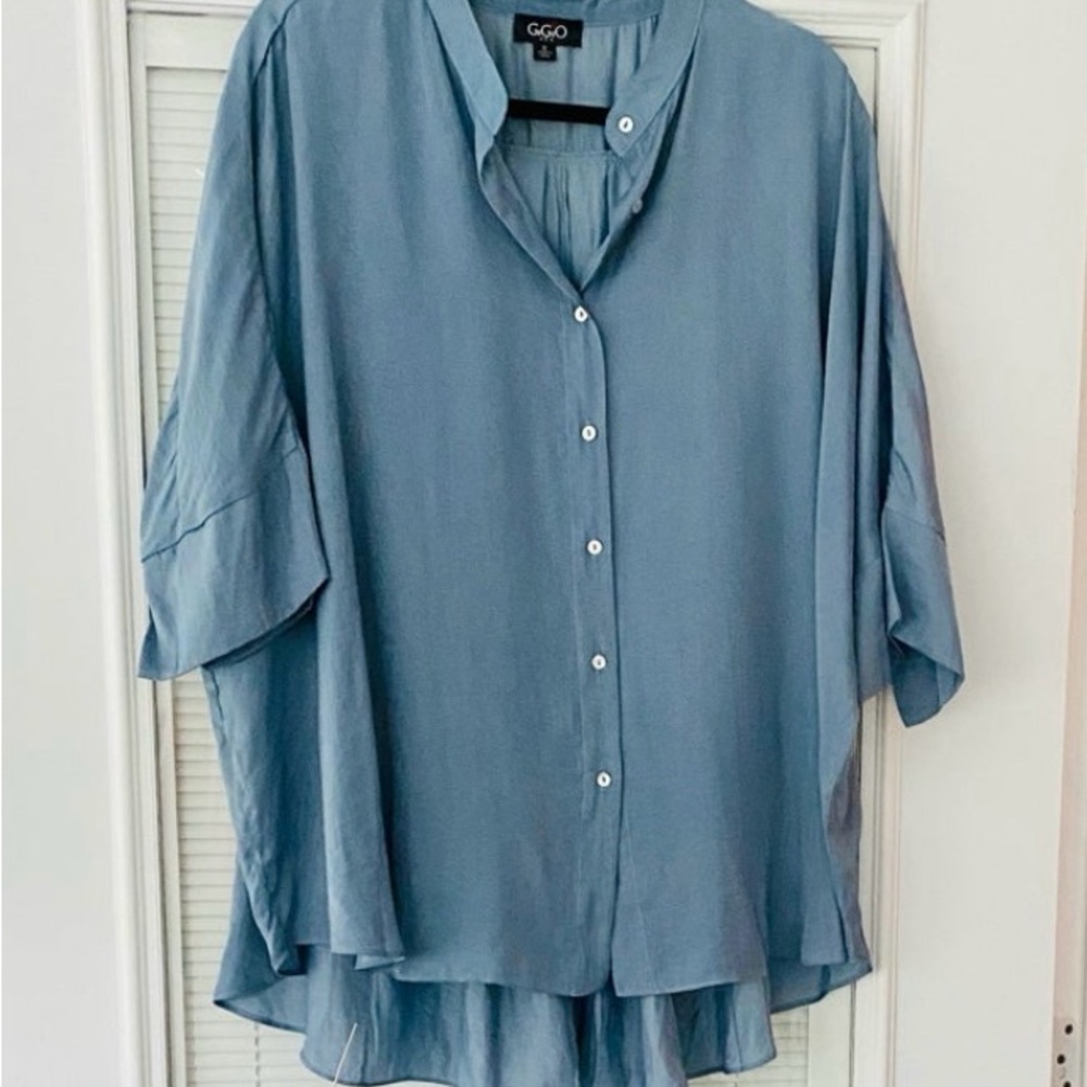 Blue Oversized Boxy Blouse with Mandarin Collar